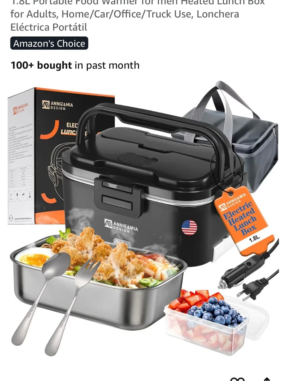 Annie & Mia Electric Lunch Box - Black & Orange (1.8L)
